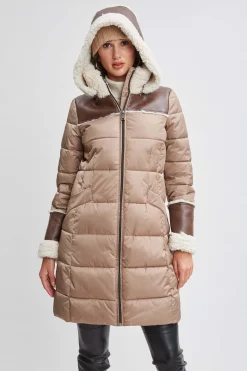Elie Tahari Coats-Tahari Shearling Trim Puffer Coat Taupe