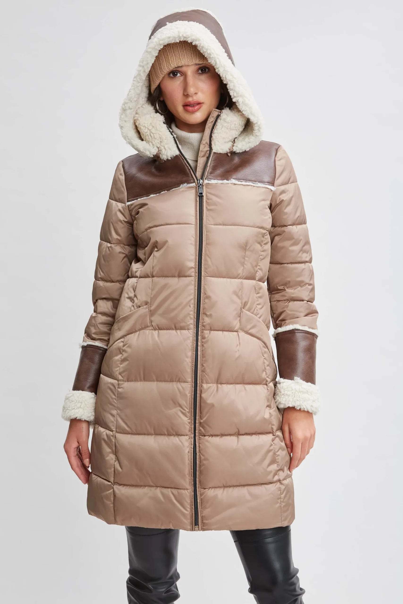 Elie Tahari Coats-Tahari Shearling Trim Puffer Coat Taupe