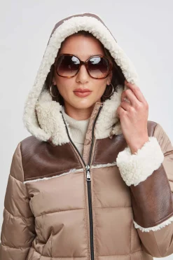 Elie Tahari Coats-Tahari Shearling Trim Puffer Coat Taupe