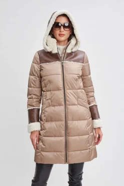 Elie Tahari Coats-Tahari Shearling Trim Puffer Coat Taupe