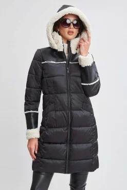 Elie Tahari Coats-Tahari Shearling Trim Puffer Coat BLACK