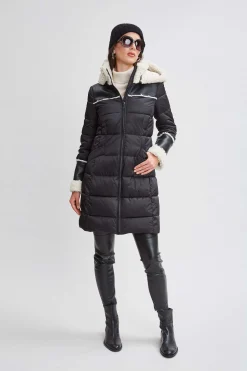 Elie Tahari Coats-Tahari Shearling Trim Puffer Coat BLACK