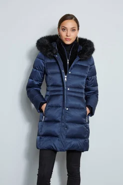 Elie Tahari Coats-Tahari Stitched Faux Fur Hood Puffer Coat Galaxy