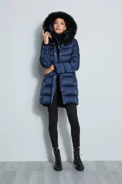 Elie Tahari Coats-Tahari Stitched Faux Fur Hood Puffer Coat Galaxy