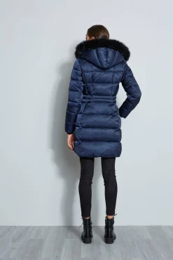 Elie Tahari Coats-Tahari Stitched Faux Fur Hood Puffer Coat Galaxy