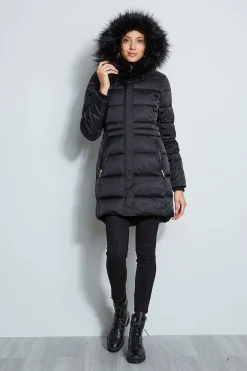 Elie Tahari Coats-Tahari Stitched Faux Fur Hood Puffer Coat BLACK