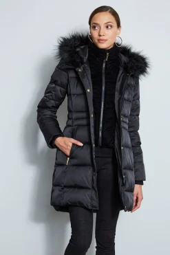 Elie Tahari Coats-Tahari Stitched Faux Fur Hood Puffer Coat BLACK