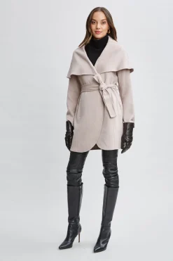Elie Tahari Coats-Tahari Wool Blend Shawl Collar Wrap Coat SOFTALMOND