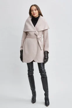 Elie Tahari Coats-Tahari Wool Blend Shawl Collar Wrap Coat SOFTALMOND
