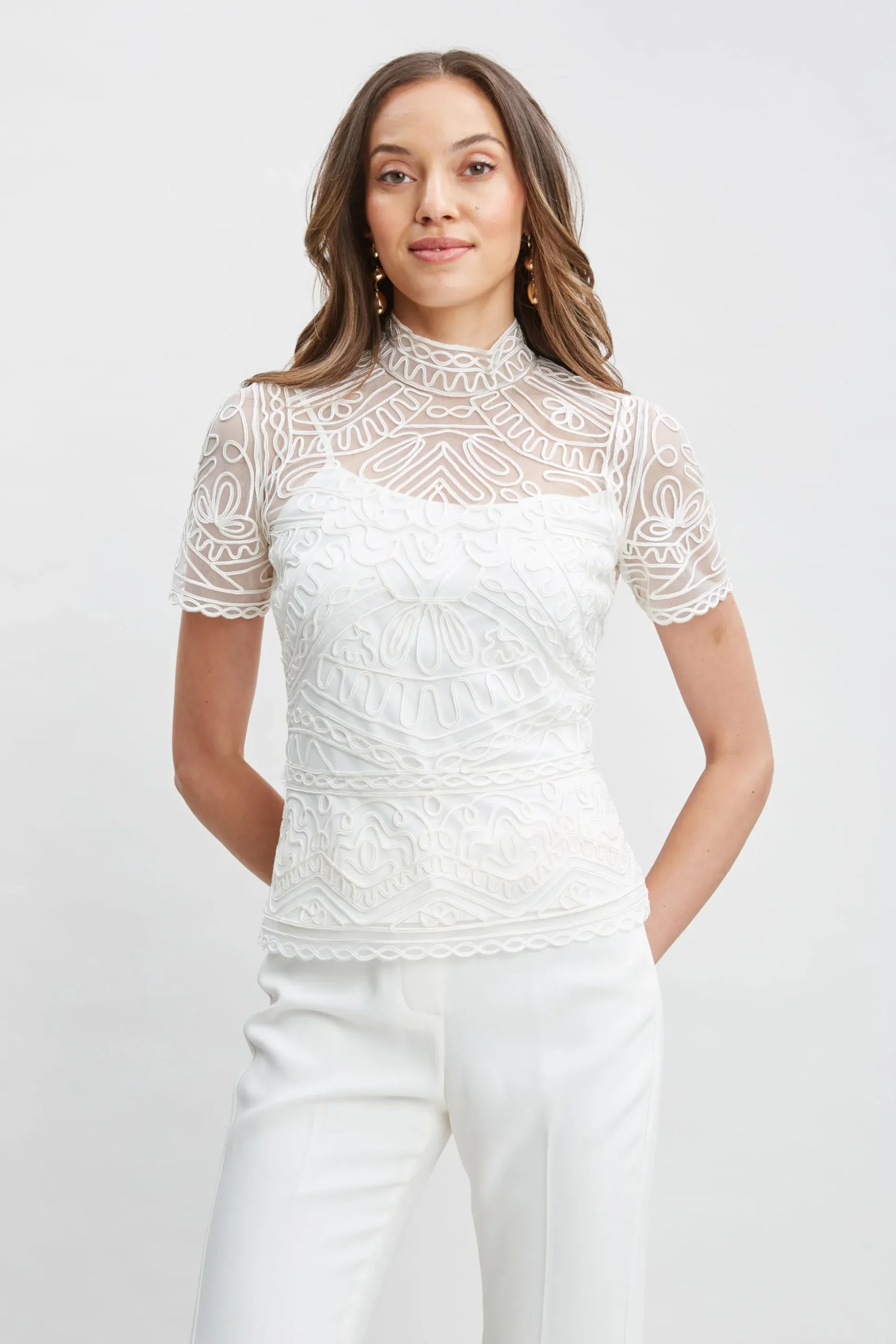 Elie Tahari Tops & Sweaters-Tape Applique Mock Neck Shirt FOAM