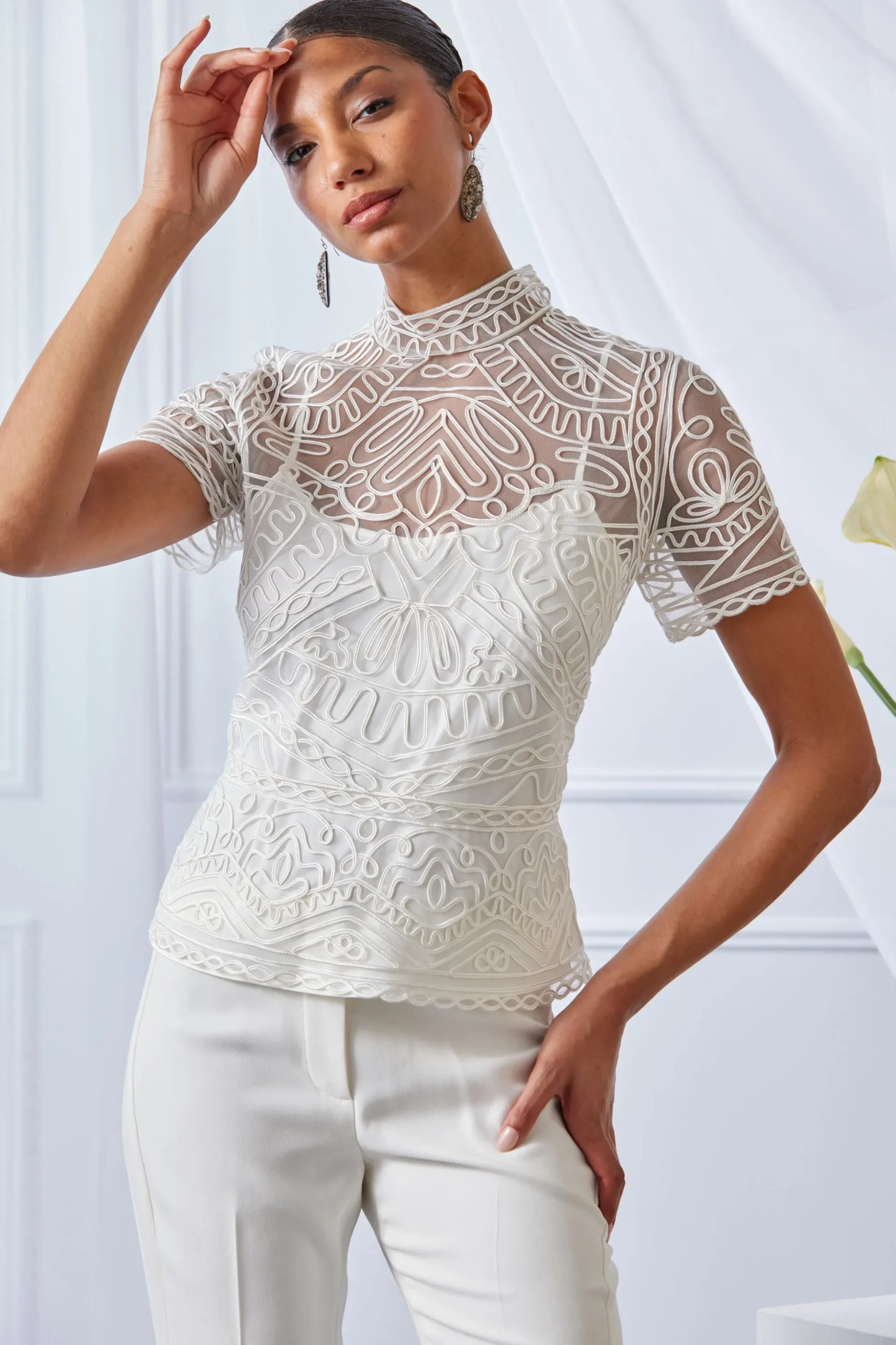 Elie Tahari Tops & Sweaters-Tape Applique Mock Neck Shirt FOAM
