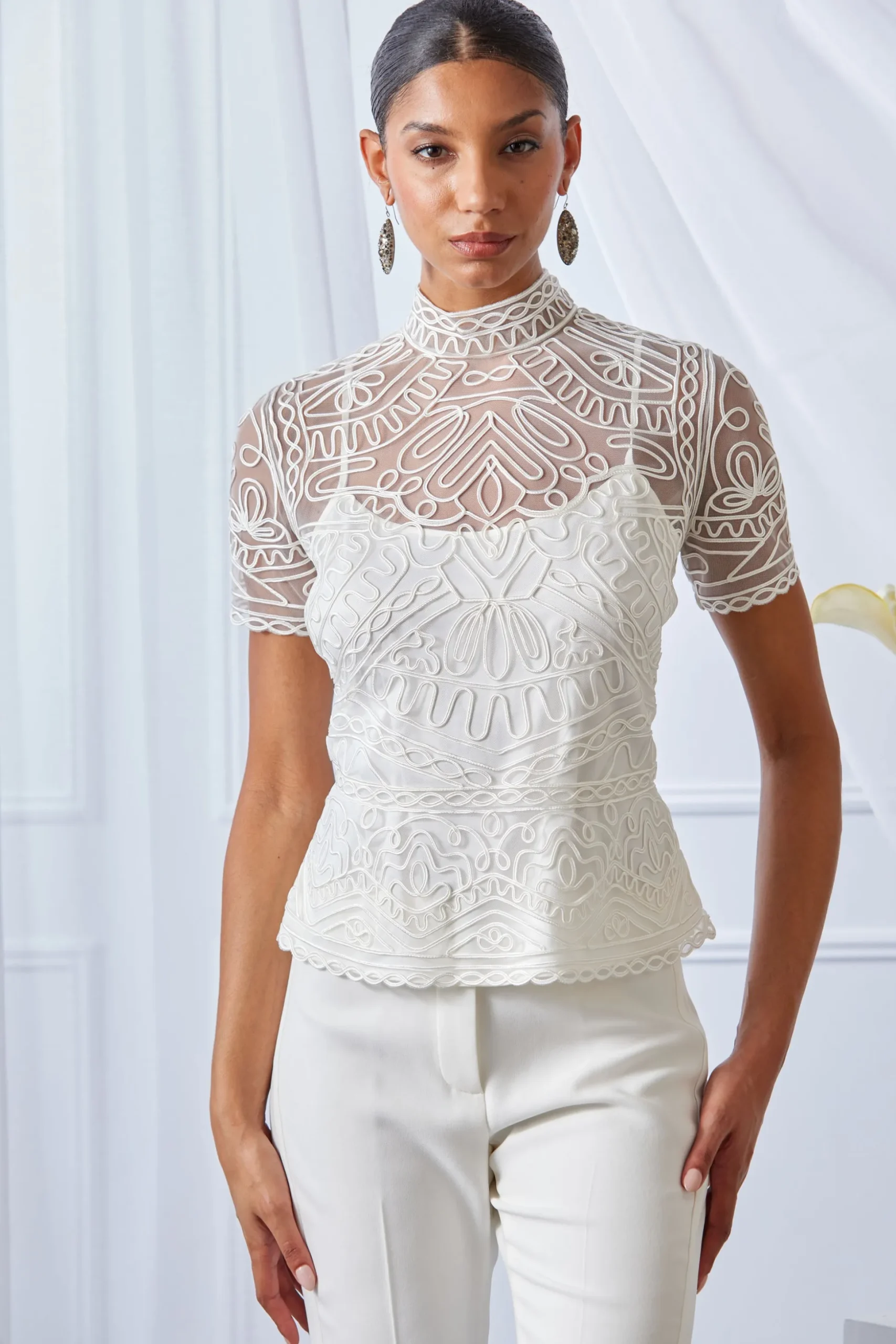 Elie Tahari Tops & Sweaters-Tape Applique Mock Neck Shirt FOAM
