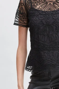 Elie Tahari Tops & Sweaters-Tape Applique Mock Neck Shirt BLACK