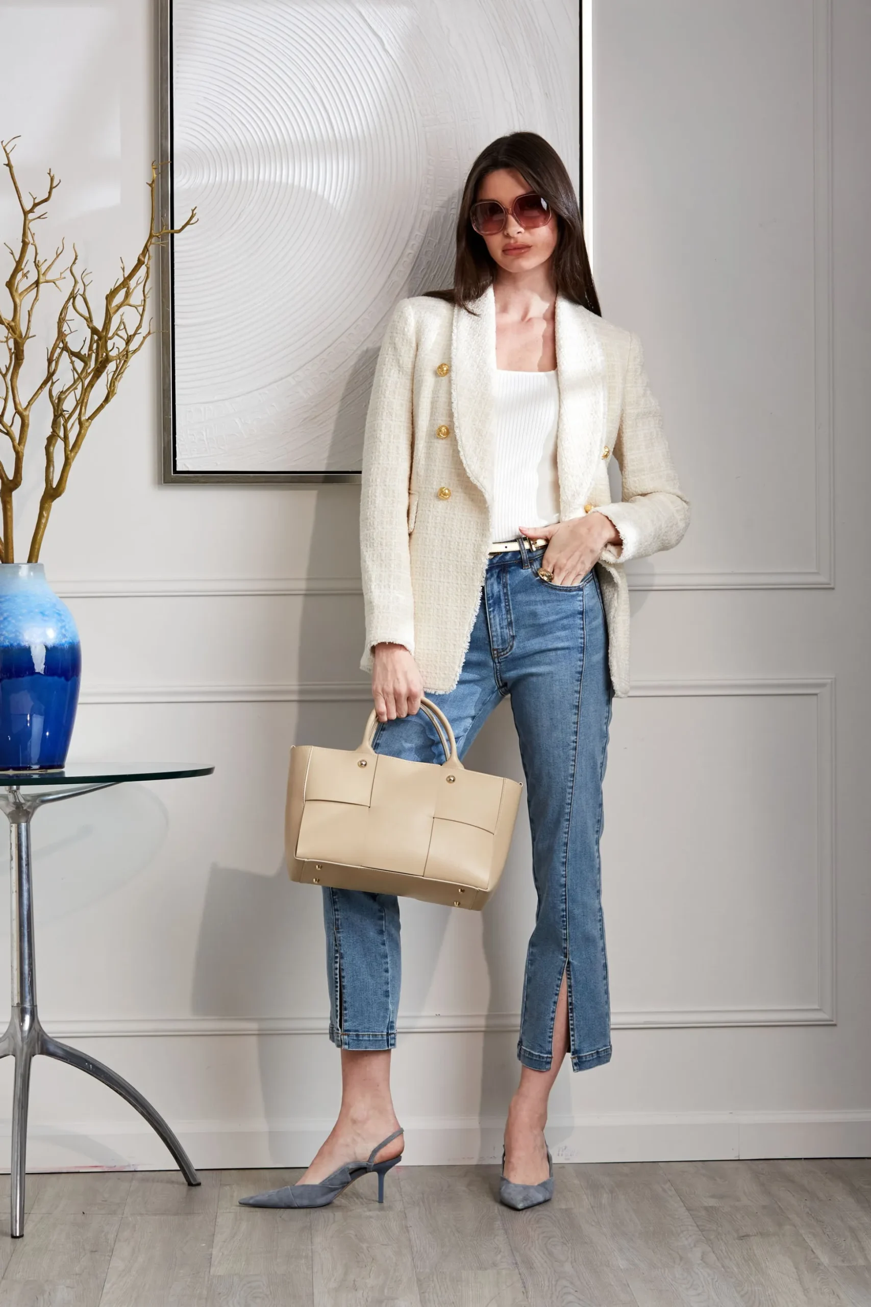 Elie Tahari Jackets & Blazers-Tweed Double Breasted Blazer FOAM