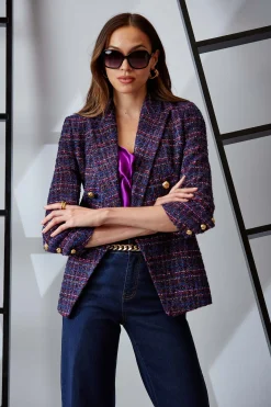Elie Tahari Jackets & Blazers|Suiting-Tweed Ruched Sleeve Double Breasted Blazer MULTI
