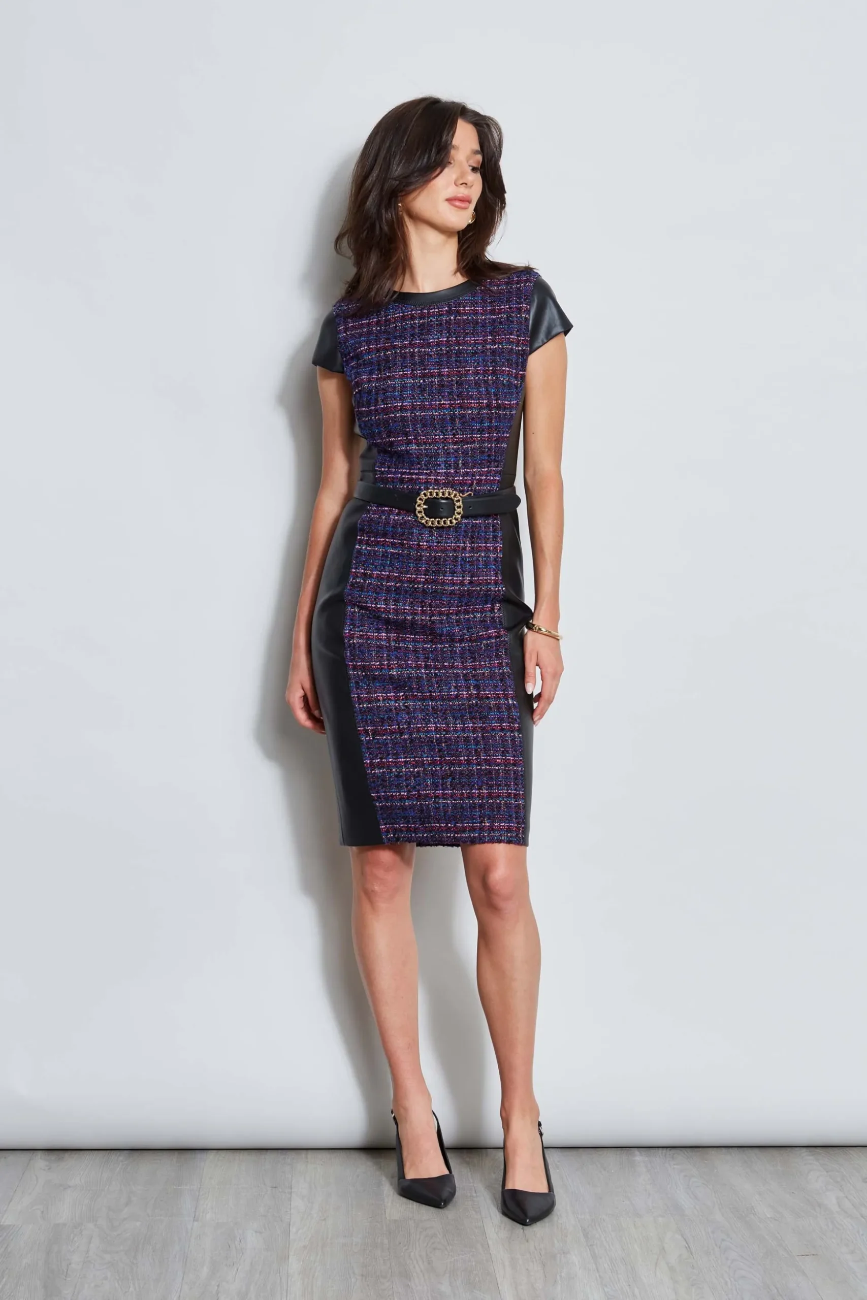 Elie Tahari Dresses & Jumpsuits|Suiting-Tweed Vegan Leather Panel Dress MULTI