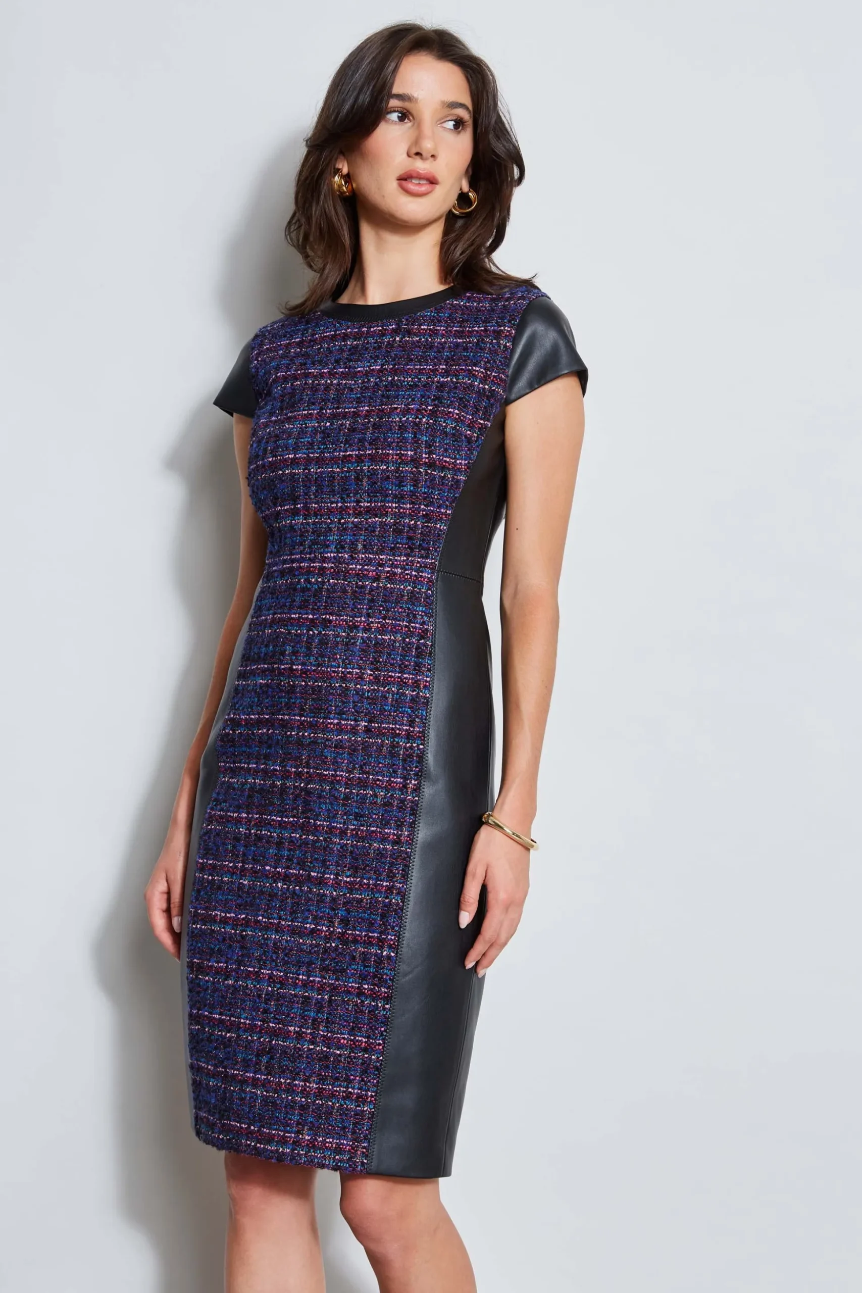 Elie Tahari Dresses & Jumpsuits|Suiting-Tweed Vegan Leather Panel Dress MULTI