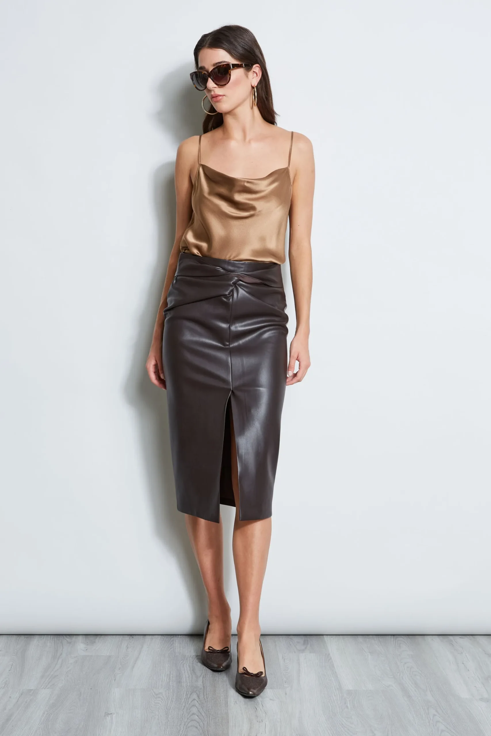 Elie Tahari Bottoms-Twist Vegan Leather Skirt ESPRESSO