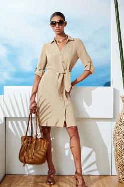 Elie Tahari Dresses & Jumpsuits-Utility Tie Shirt Dress SANDCASTLE