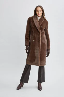 Elie Tahari Coats-Vegan Fur Double Breasted Coat COCOAMINK