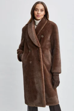Elie Tahari Coats-Vegan Fur Double Breasted Coat COCOAMINK