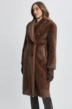 Elie Tahari Coats-Vegan Fur Double Breasted Coat COCOAMINK