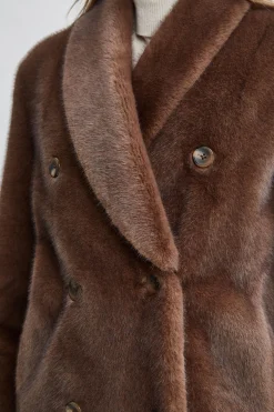 Elie Tahari Coats-Vegan Fur Double Breasted Coat COCOAMINK
