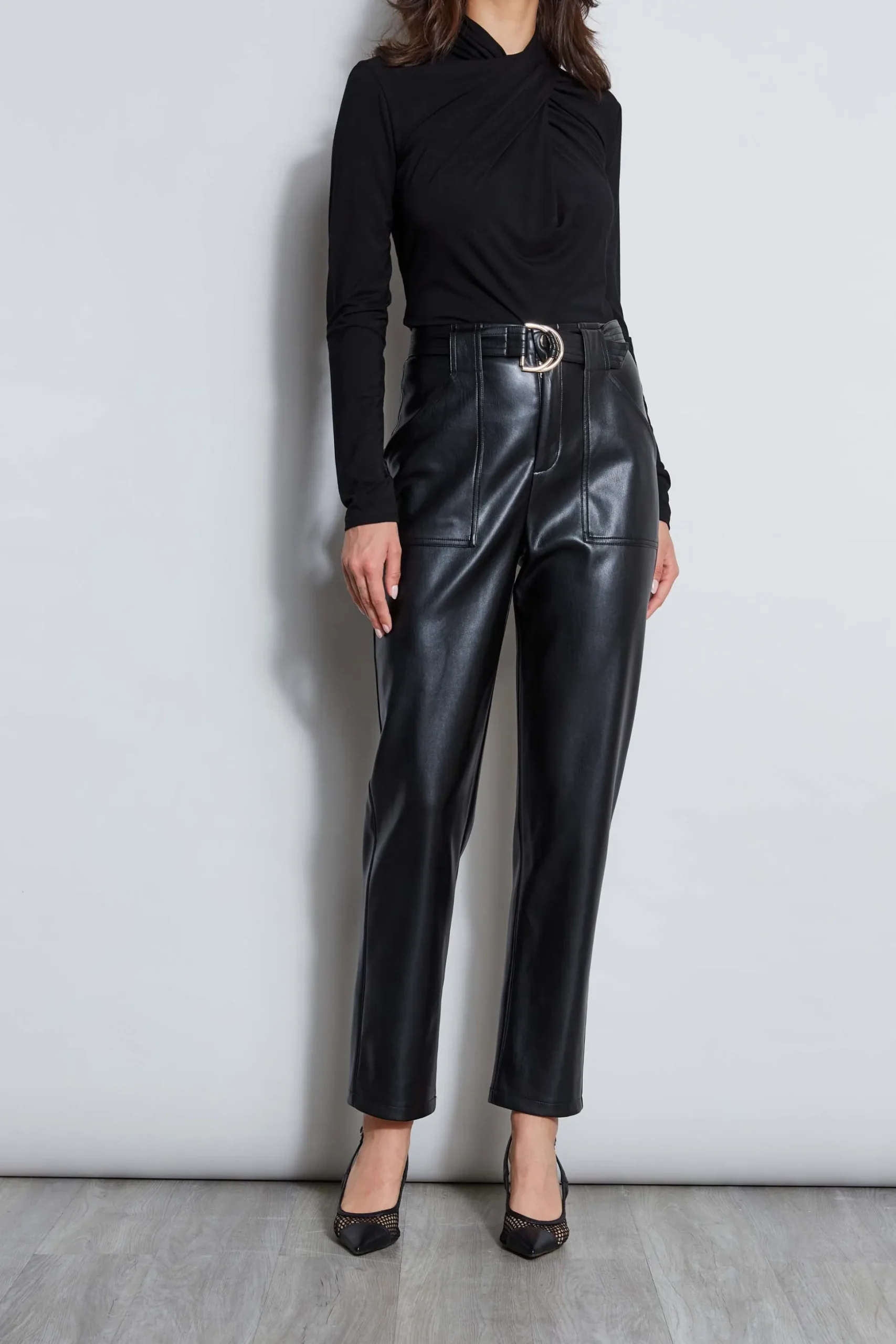 Elie Tahari Bottoms-Vegan Leather Belted Pant Noir