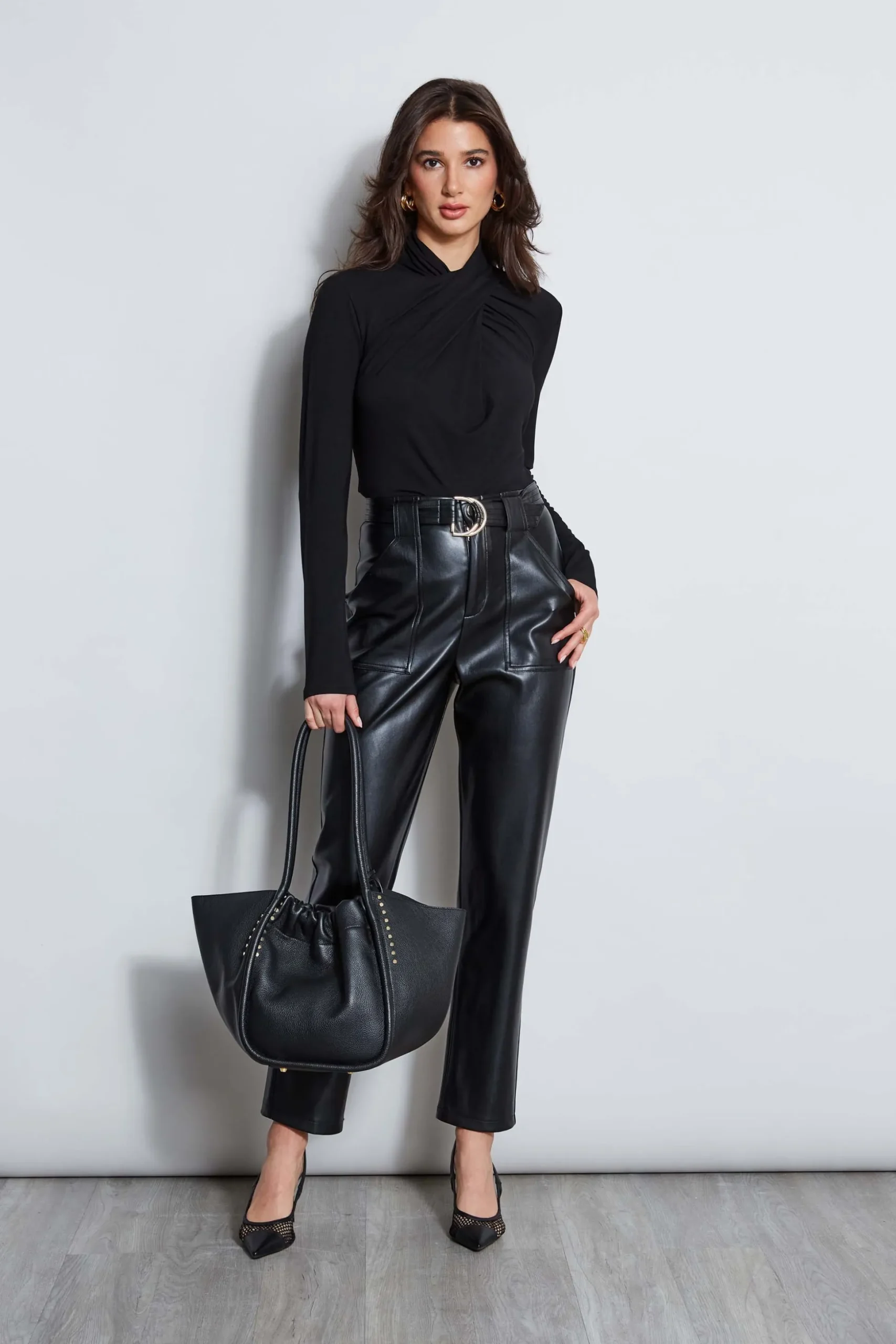 Elie Tahari Bottoms-Vegan Leather Belted Pant Noir
