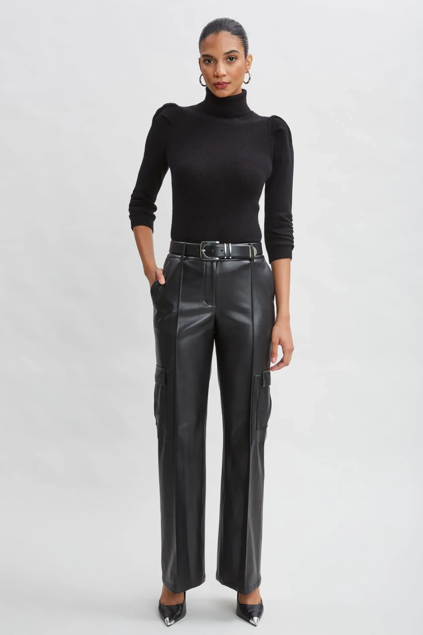Elie Tahari Bottoms-Vegan Leather Cargo Pant BLACK
