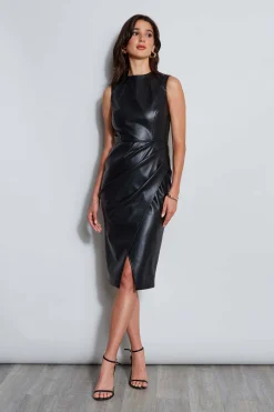 Elie Tahari Dresses & Jumpsuits|Sleeveless Dresses-Vegan Leather Dart Wrap Dress BLACK
