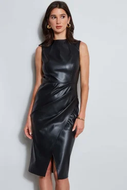 Elie Tahari Dresses & Jumpsuits|Sleeveless Dresses-Vegan Leather Dart Wrap Dress BLACK