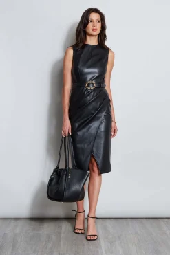 Elie Tahari Dresses & Jumpsuits|Sleeveless Dresses-Vegan Leather Dart Wrap Dress BLACK