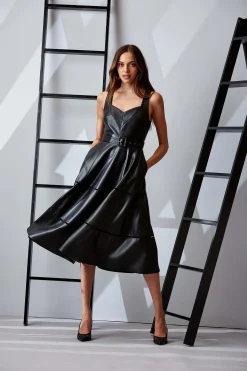 Elie Tahari Dresses & Jumpsuits|Sleeveless Dresses-Vegan Leather Fit & Flare Dress Noir