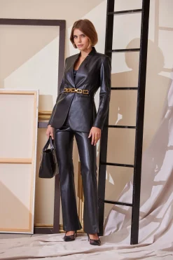 Elie Tahari Bottoms|Suiting-Vegan Leather Seam Pant BLACK