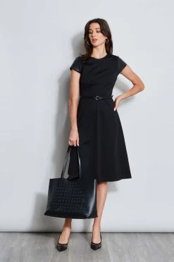 Elie Tahari Dresses & Jumpsuits|Suiting-Vegan Leather Short Sleeve Belted Knit Dress BLACK