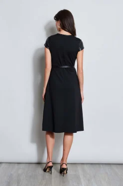 Elie Tahari Dresses & Jumpsuits|Suiting-Vegan Leather Short Sleeve Belted Knit Dress BLACK