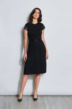 Elie Tahari Dresses & Jumpsuits|Suiting-Vegan Leather Short Sleeve Belted Knit Dress BLACK