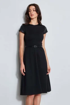Elie Tahari Dresses & Jumpsuits|Suiting-Vegan Leather Short Sleeve Belted Knit Dress BLACK