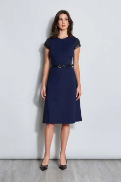 Elie Tahari Dresses & Jumpsuits|Suiting-Vegan Leather Short Sleeve Belted Knit Dress GALAXYNAVY