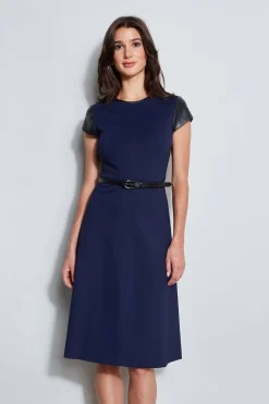 Elie Tahari Dresses & Jumpsuits|Suiting-Vegan Leather Short Sleeve Belted Knit Dress GALAXYNAVY