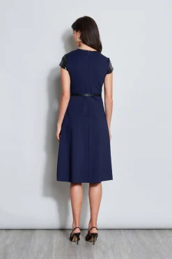 Elie Tahari Dresses & Jumpsuits|Suiting-Vegan Leather Short Sleeve Belted Knit Dress GALAXYNAVY