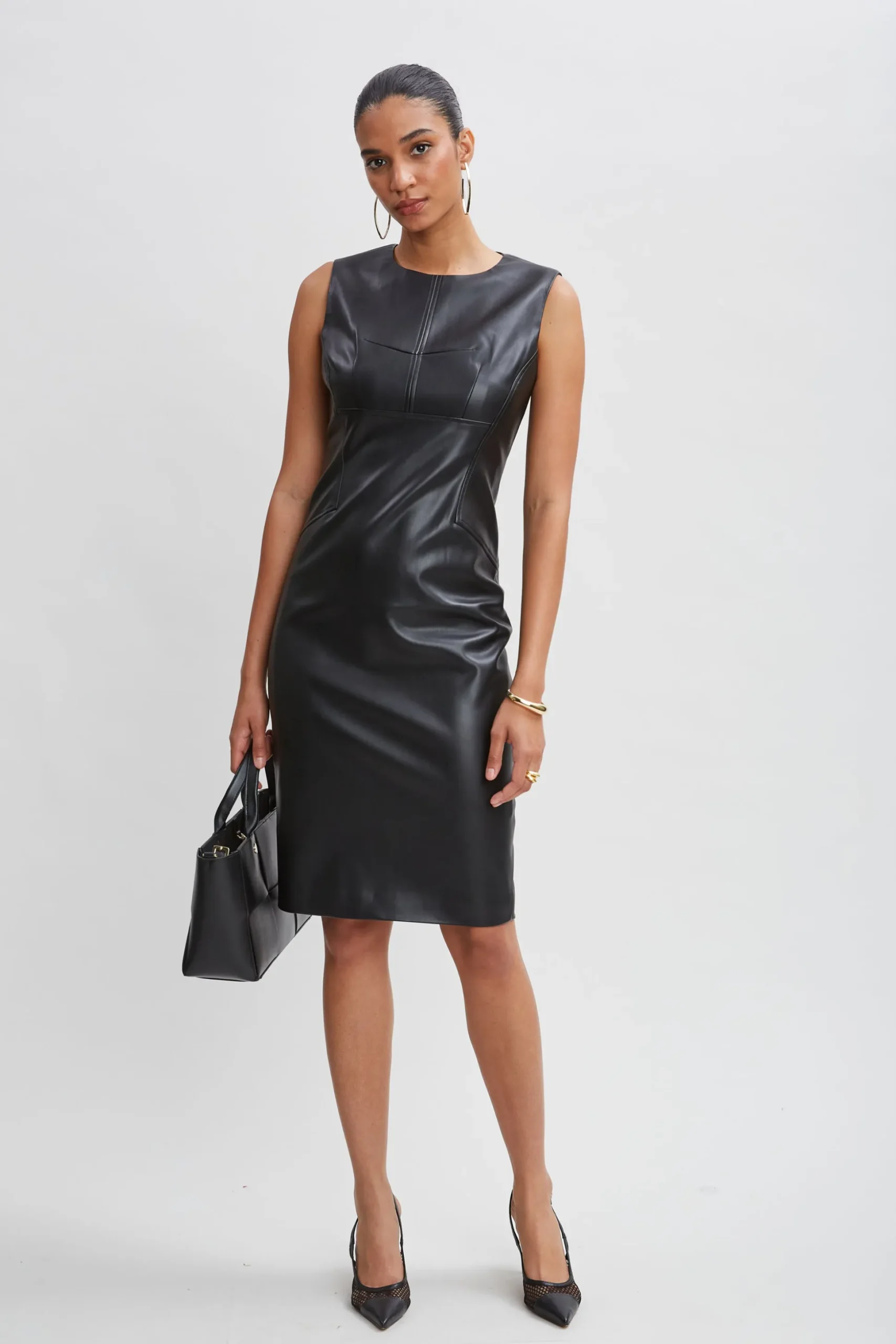 Elie Tahari Dresses & Jumpsuits|Sleeveless Dresses-Vegan Leather Side Panel Dress BLACK
