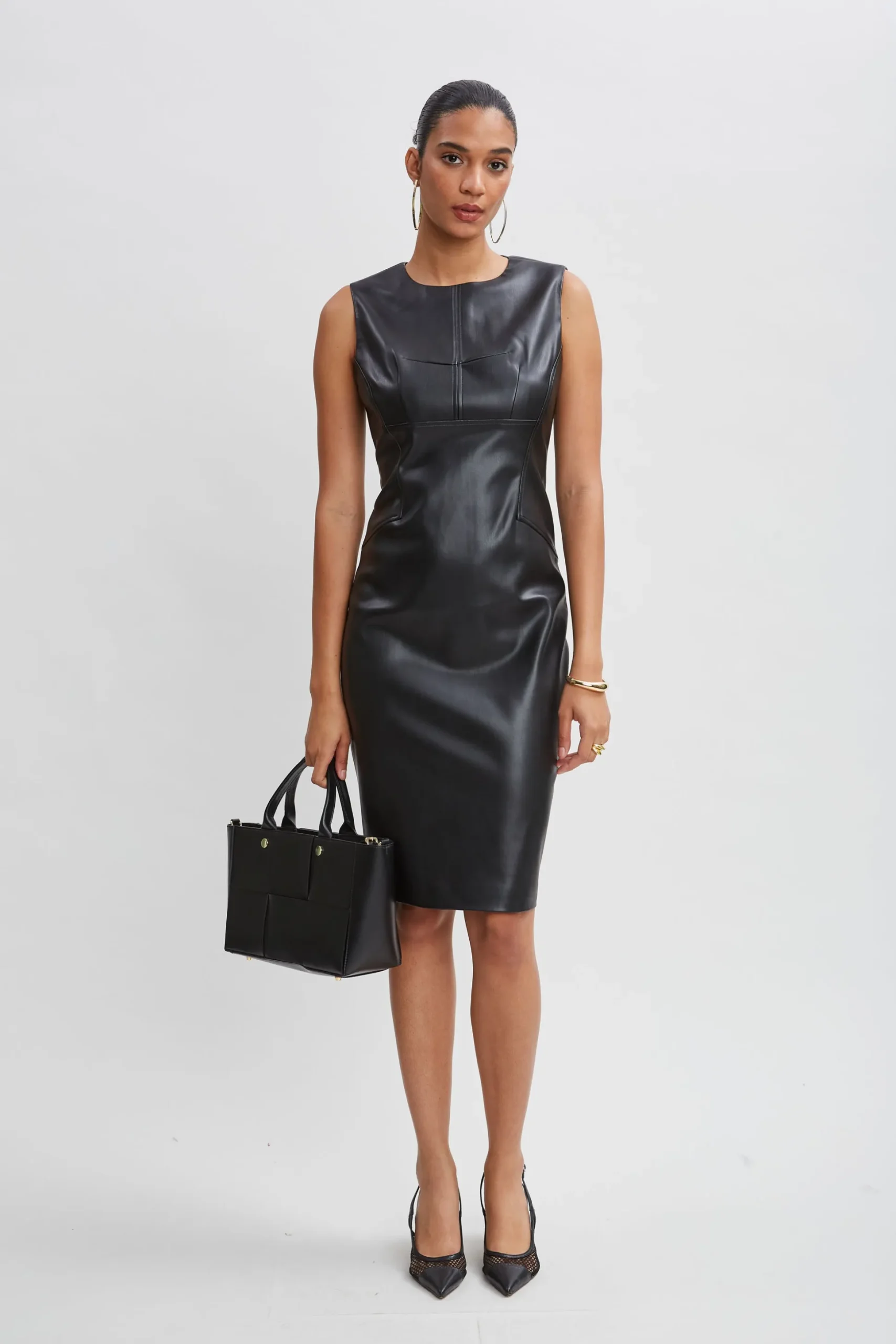Elie Tahari Dresses & Jumpsuits|Sleeveless Dresses-Vegan Leather Side Panel Dress BLACK