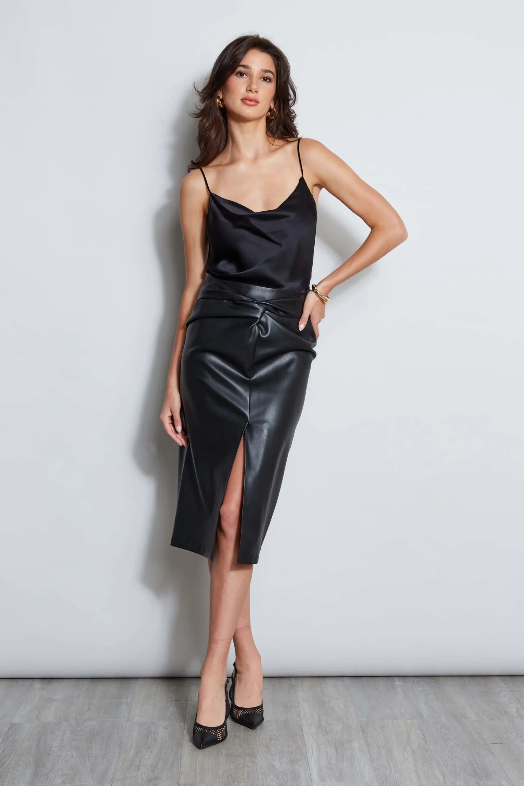 Elie Tahari Bottoms-Vegan Leather Twist Skirt BLACK