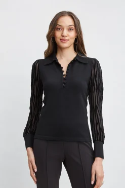 Elie Tahari Tops & Sweaters-Velvet Burnout Sleeve Polo Sweater BLACK