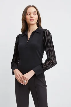 Elie Tahari Tops & Sweaters-Velvet Burnout Sleeve Polo Sweater BLACK