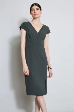 Elie Tahari Dresses & Jumpsuits|Short Sleeve Dresses-V-Neck Crepe Dress Camouflage