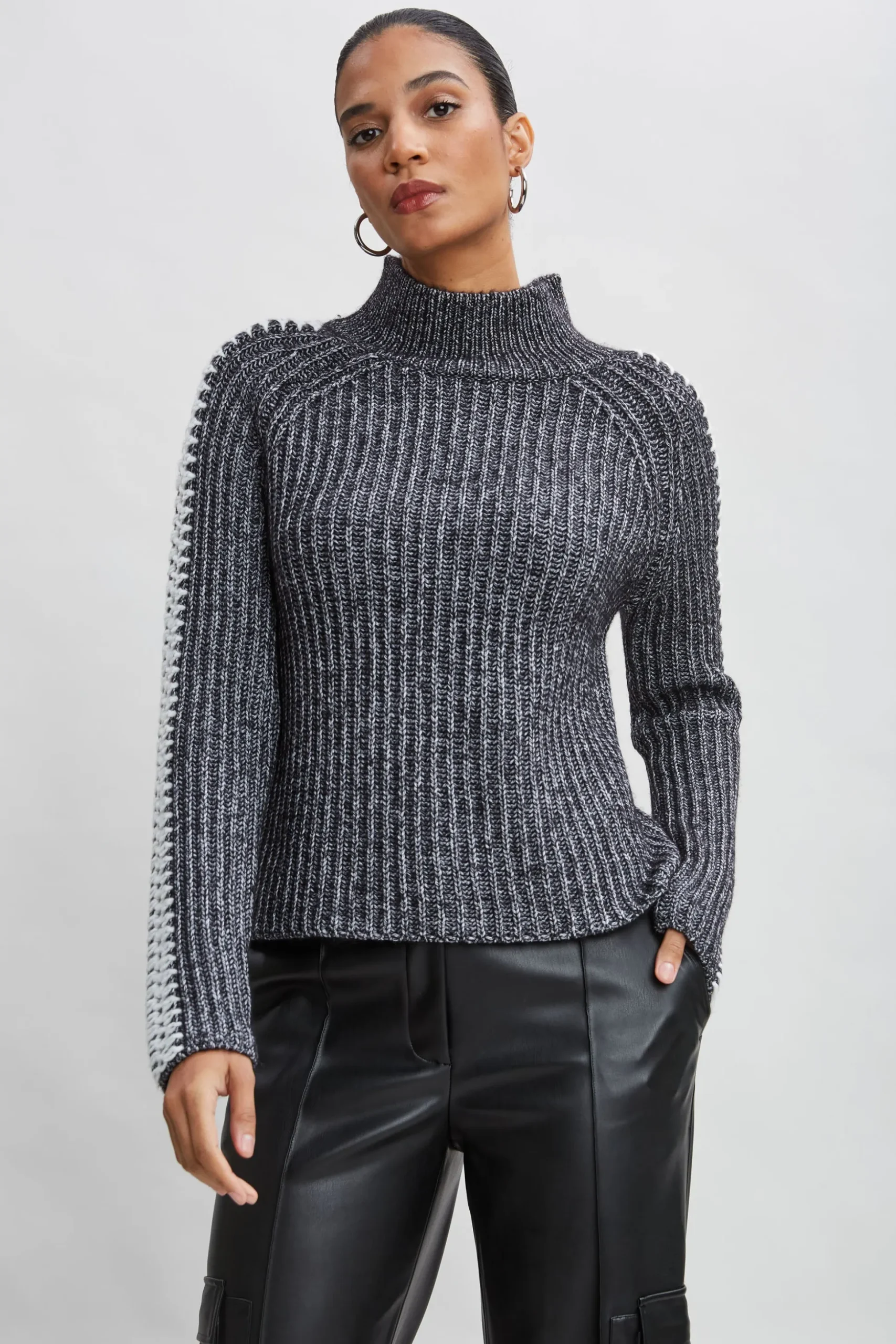 Elie Tahari Tops & Sweaters-Whipstitch Cotton Wool Sweater BLACKMELANGE