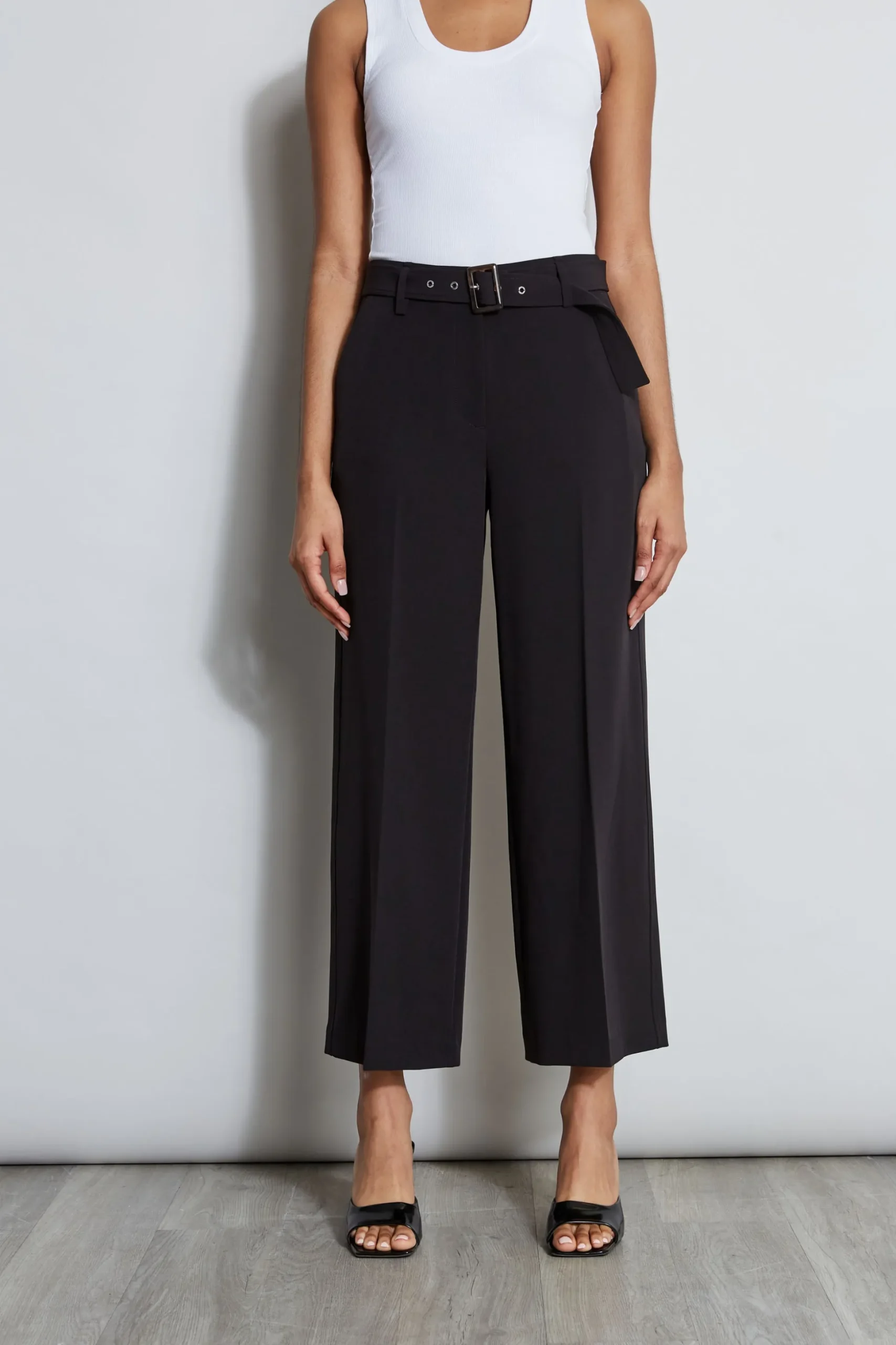 Elie Tahari Bottoms-Wide Leg Cropped Belted Pant NOIR